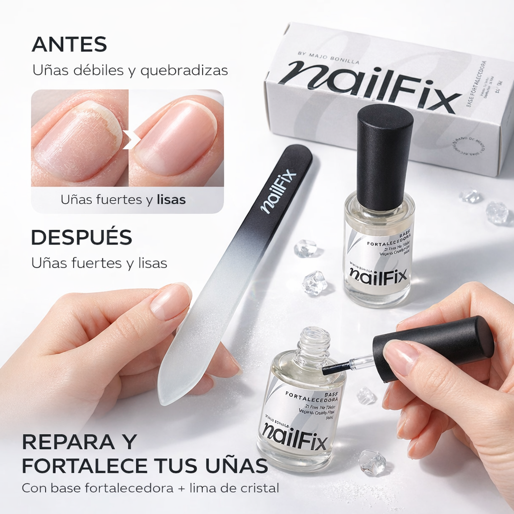 NAIL FIX- Kit Reparador de Uñas -Base Fortalacedora + Lima de Cristal Profesional.