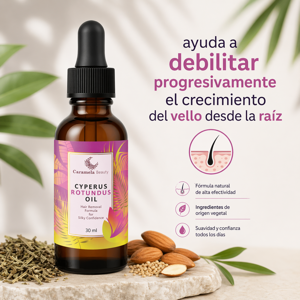 Aceite de Cyperus Rotundus para la reducción del vello natural no deseado y suaviza tu piel