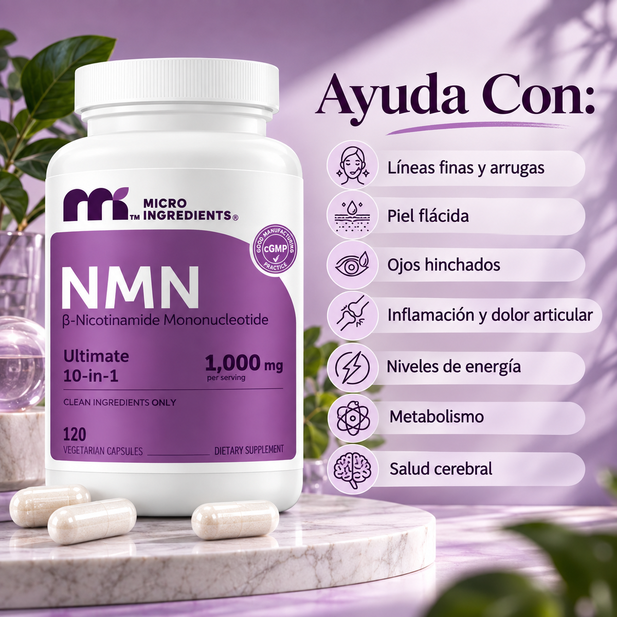 Complejo NMN 10 en 1 de 1000 mg | Con Mononucleótido de Nicotinamida, Resveratrol, CoQ10, Quercetina y Glutatión | Potente Precursor para Energía Celular y Antienvejecimiento