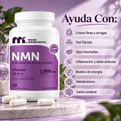 Complejo NMN 10 en 1 de 1000 mg | Con Mononucleótido de Nicotinamida, Resveratrol, CoQ10, Quercetina y Glutatión | Potente Precursor para Energía Celular y Antienvejecimiento