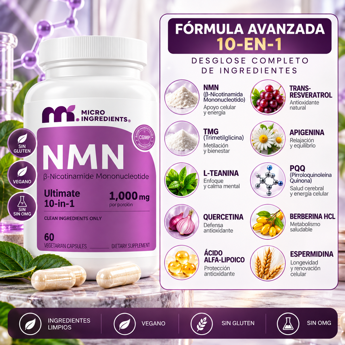 Complejo NMN 10 en 1 de 1000 mg | Con Mononucleótido de Nicotinamida, Resveratrol, CoQ10, Quercetina y Glutatión | Potente Precursor para Energía Celular y Antienvejecimiento