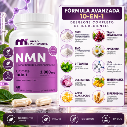 Complejo NMN 10 en 1 de 1000 mg | Con Mononucleótido de Nicotinamida, Resveratrol, CoQ10, Quercetina y Glutatión | Potente Precursor para Energía Celular y Antienvejecimiento