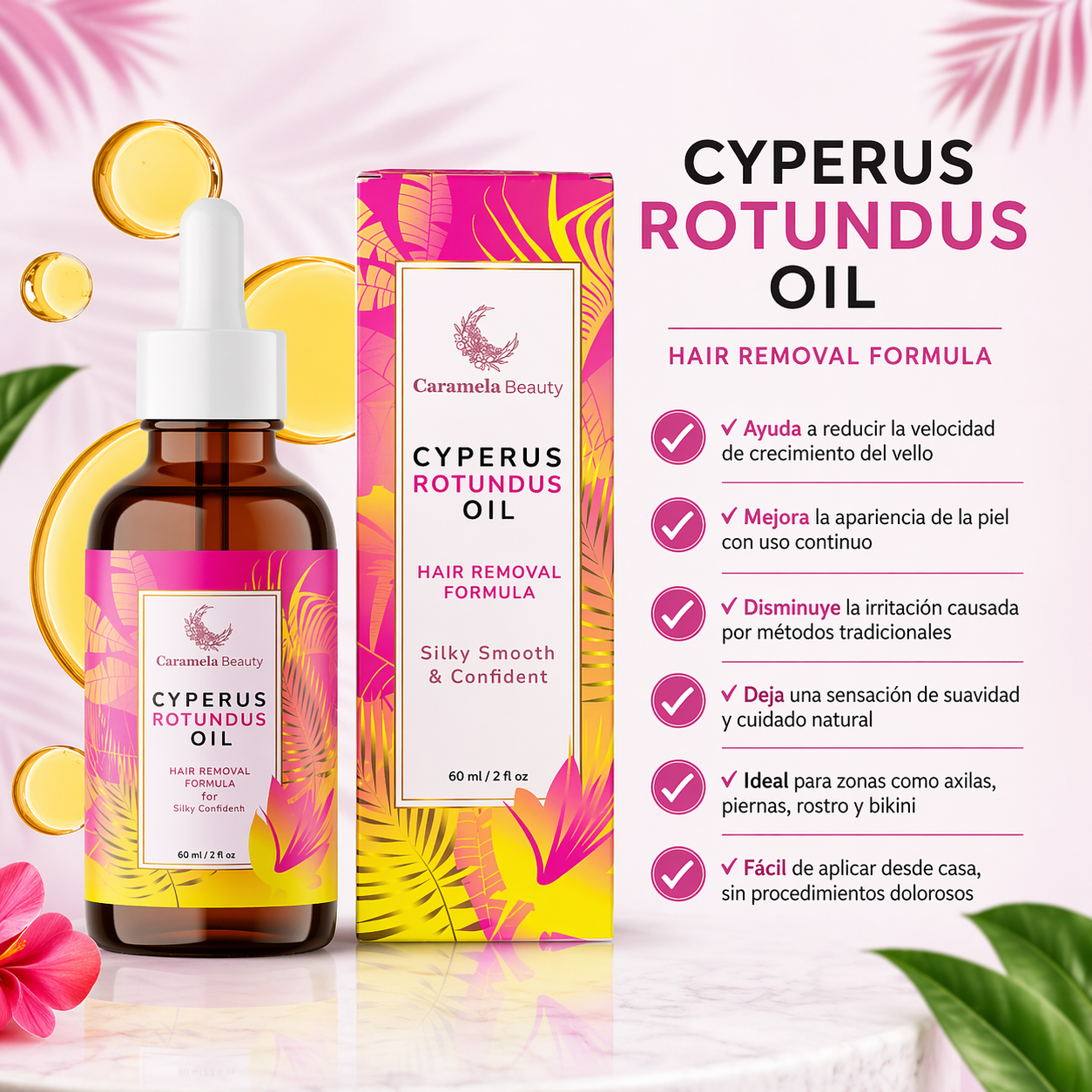 Aceite de Cyperus Rotundus para la reducción del vello natural no deseado y suaviza tu piel